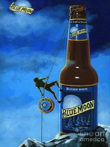 La cima del sabor pintura obra arte cuadro escalando una botella de cerveza blue moon belgian white con la luna azul de fondo alpinismo deporte cheve chela cerveza
