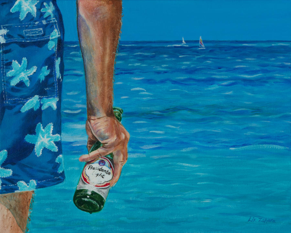 Playa mar sabroso arena vida sabrosa traje de baño vacaciones vacacionar cheve chela cerveza botella descanso relax obra pintura cuadro arte