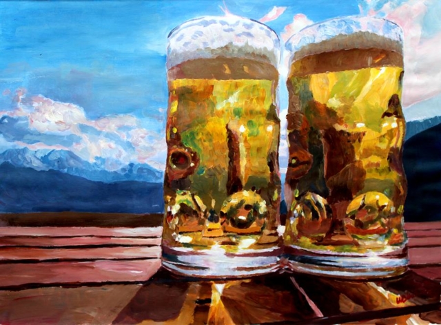 Cheves chelas cervezas tarros montaña lus contraluz mesa camping campismo aire fresco libertad cielo claro azul nubes blancas esperanza cariño futuro contraste obra pintura cuado arte