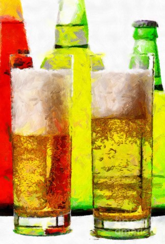 Vasos de cerveza espumosos espuma cheve chela botellas de fondo contrste obra cuadro pintura arte