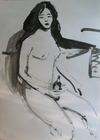 Cheve chela cerveza dibujo desnudo nudista chichis tetas pechos pezones ombligo botella cabello suelto pelo pintura cuadro arte melancólico triste recuerdo recordando