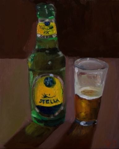 Cheve chela cerveza vaso servido botella verde pintura cuadro obra arte