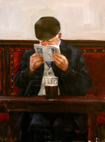 Obra pintura cuadro arte cheve chela cerveza vaso oscura boina lector leyendo libro bar cantina pub tugurio sentado viejo anciano vegete