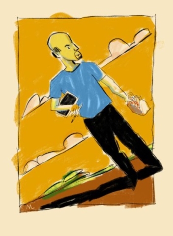 Autoretrato con cervecha cheve chela six pack seis pincel cielo amarillo calvicie barba candado retrato pintura cuadro obra arte dibujo