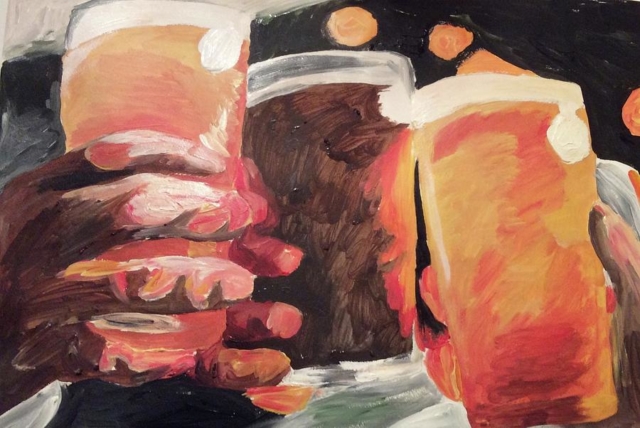 Salud brindando con cerveza vasos de cheve chela diferentes estilos abstracto moviemiento manos obra pintura cuadro arte expresión