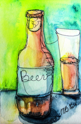 Botella de cerveza y su vaso en un pintura con acuarelas escritura bonito