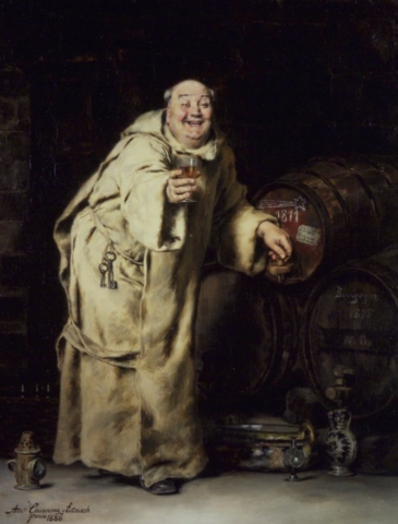 Monje ofreciendo una copita en la edad media medioevo con sus barriles de fondo sonriendo feliz borracho alcohólico alcohol