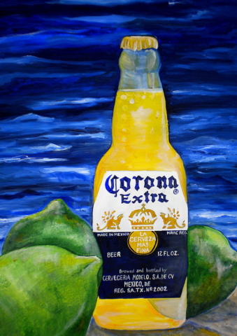 Cheve chela cerveza botella limones limas agua corona extra modelo obra pintura cuadro arte