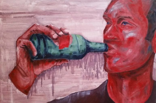 Pintura cuadro obra arte beber bebiendo tomar tomando pistear pisteando botella cheve chela cerveza obra pintura cuadro arte