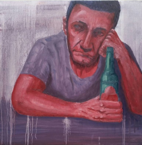 Cheve chela cerveza botella bebedor beber borracho melancólico triste ebrio pedo deprimido arrepentido pensativo reflexivo saudade pintura cuadro obra arte expresivo expresión