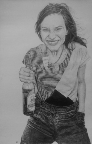 Cheve chela cerveza dibujo mujer gesto gestos sonrisa forzada cara rara botella pintura cuadro obra arte dibujo bosquejo blanco y negro carboncillo lápiz