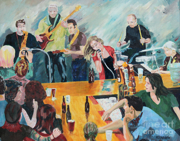 Bar cantina restaurante concierto con cervezas banda tocando al fondo y borrachos tomando al frente