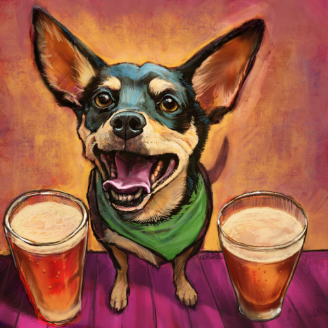Perro cervecero pintura cuadro arte dos vasos de cerveza chihuahua perrito lengua