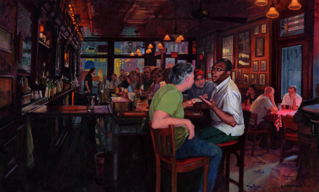 Bar cantina pub tugurio ambiente oscuro cheve chela cerveza pistear amigos reunión pintura obra arte cuadro