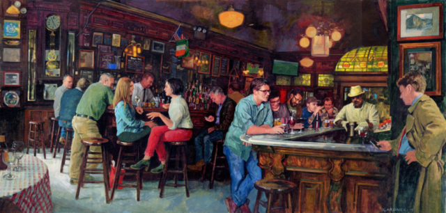 Cheve chela cerveza bar pub cantina antro restaurante barra sombrero comensales borrachos bebedores vasos copas botellas obra pintura cuadro arte