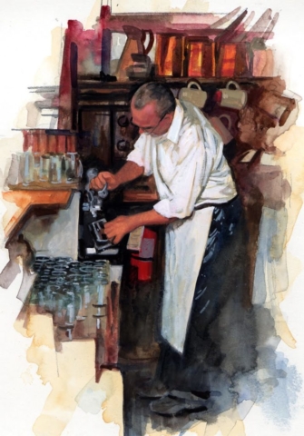 Cantinero bartender barman siriviendo las cheves chelas cervezas cantina bar pub tugurio pintura obra cuadro arte