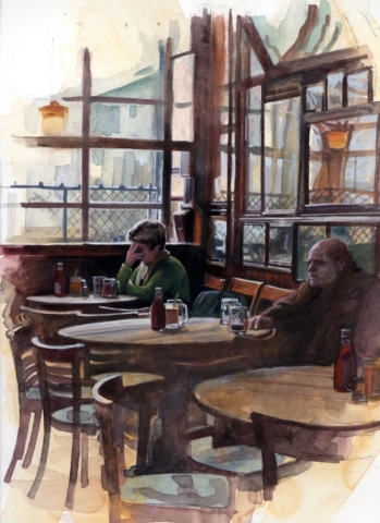 Bebedores solitarios en el bar melancólicos tristes tristeza obra cuadro pintura cheve chela arte