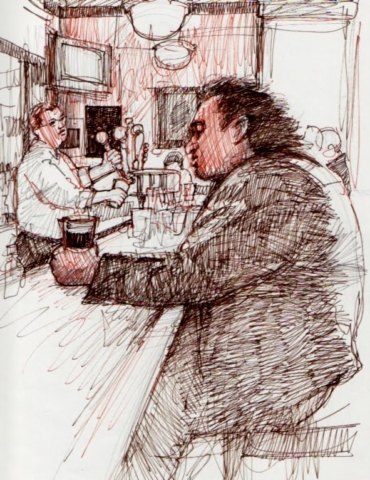 Dibujo bosquejo cantina bar pub tugurio barra cantinero barman barteneder vaso cheve chela cerveza melancolía tristeza añoranza pesar