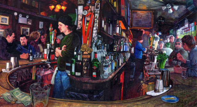 pintura bar licor pub cantina gente charlando cerveza cheve melancolia colorido medallas chela cervezálogo