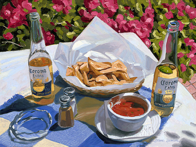 Cerveza cheve chela nachos destapadas calor pintura cuadro salsa sal pimienta cenicero flores en el fondo cuadro arte cheve chela