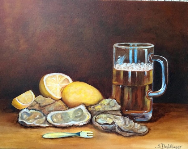 Vida muerta ostras y cerveza cheve chela en tarro tenedor trinche naranjas obra pintura cuadro arte