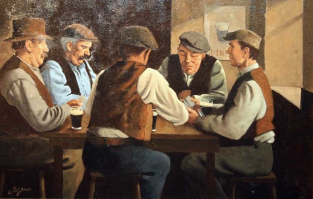 Cheve chela cerveza mesa juegos de mesa ancianos viejos adultos vicio guinness póquer vasos tabaco cigarrillo cigarro humo sombreros boinas pintura cuadro obra arte