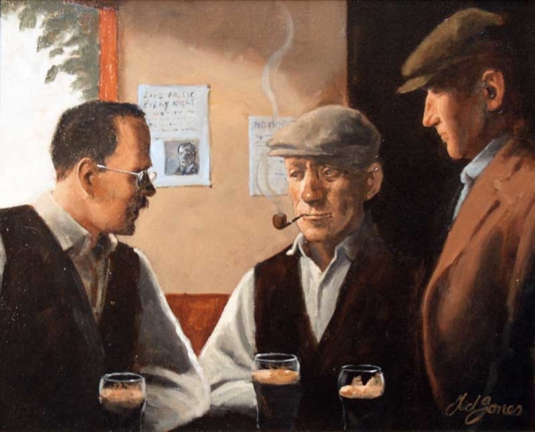 Cheves chelas cervezas amigos guinness tabaco pipa humo boina viejos ancianos lentes gafas letreros anuncios pintura cuadro obra arte