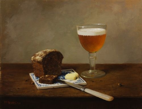 Cheve chela cerveza en copa servida con pan de centeno cuchillo mesa naturaleza muerta cheve chela obra pintura cuadro arte