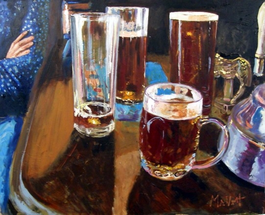 Cheve chela cerveza vasos tarros bar cantina taverna pub vacíos llenos mesa pintura obra cuadro arte realismo realista
