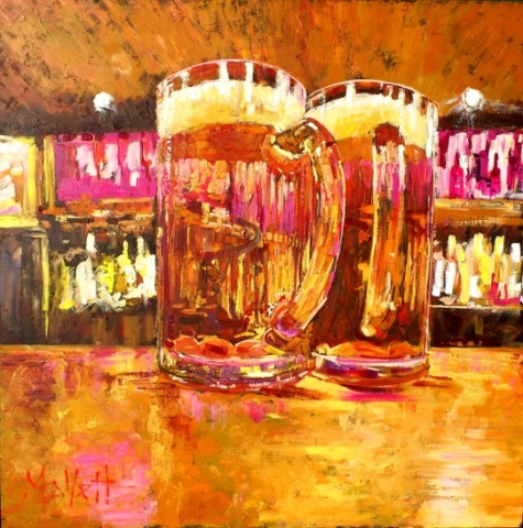Cuadro obra pintura arte tarros de cerveza chela cheve en la mesa del bar pub cantina