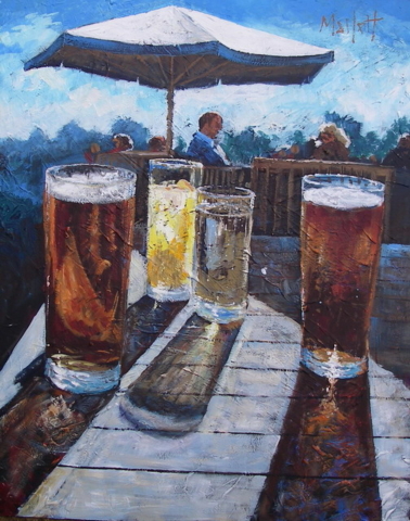 Cervezas sol vasos cheves chelas obra cuadro arte pintura relax relajación azul paraguas sol brillo
