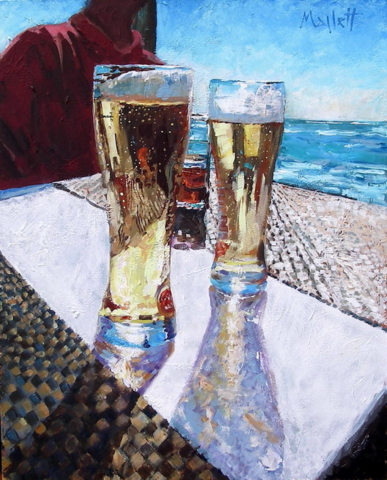 toma una bebida vasos de cerveza cheve chela en el mar mesa luz reflejo colorido amor tranquilidad arte pintura cuadro