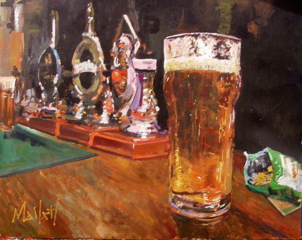 Cerveza patatas papas fritas papas sabritas vaso cheve chela bar pub cantina obra pintura cuadro arte