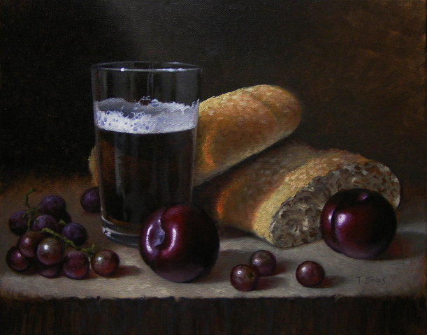 Vida muerta vaso cerveza cheve chela fruta pan ciruelas uvas oscuro café espuma obra pintura cuadro arte