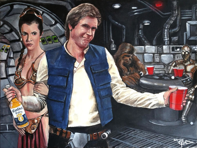 Deja al wookie ganar halcón milenario han solo con cerveza cheve chela corona extra vaso rojo el original de la peda leia fiesta star wars parodia cuadro arte pintura spin off