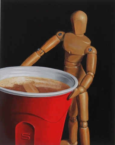 Cheve chela cerveza vaso rojo el original de la peda lleno maniquí monito fondo negro pintura cuado obra arte