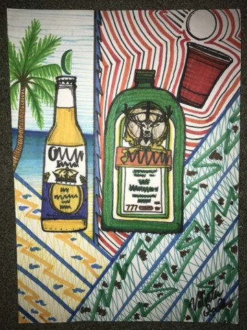 Relajación y fiesta corona cerveza y jager jagermaister vaso rojo el original de la peda obra cuadro pintura arte