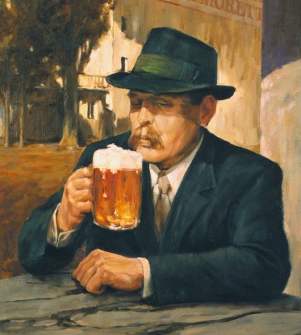 Cheve chela cerveza espumosa tarro tomar beber bigotes elegante sombrero corbata traje bar cantina tugurio taberna pintura cuadro obra arte