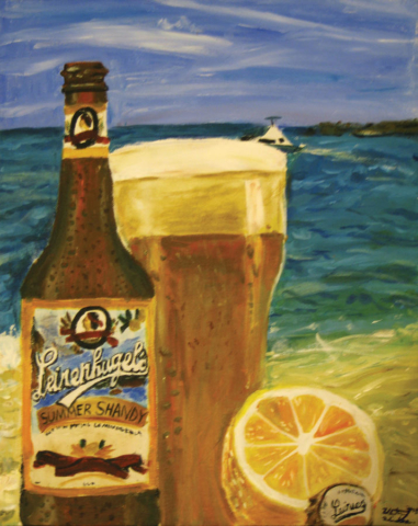 Shandy radler cerveza con limón cheve frutal refrescante playa arena mar calor vacaciones relax navegación barco bote obra pintura cuadro arte