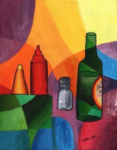 Cheve chela cerveza botella catsup ketchup mostaza sal salero cubismo obra arte pintura cuadro moderno