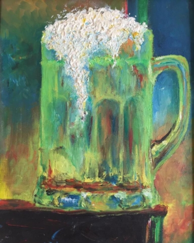 Cheve chela cerveza tarro decolorada verde horror terror miedo espuma espumosa burbujeante derrama derramando derramó tarro obra pintura cuadro arte enfermedad