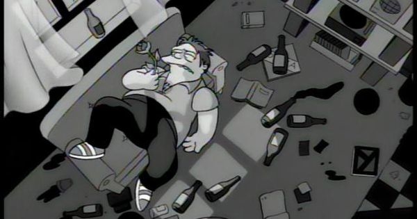 Barney Gómez Gumble simpsons cerveza cheve chela rosa muerte botellas botella vacías vacía temática depresión película corto animado blanco y negro no lloren por mí, yo ya estoy muerto poeta poesía arte escena extracto segmento alcoholísmo tema duff