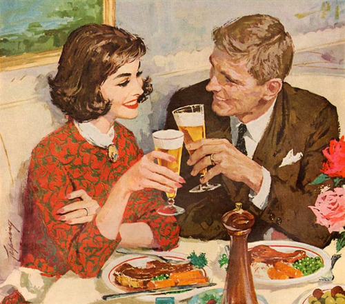 Pin art poster publicidad cerveza cena vintage traje mujer pimienta carne bistec copa cheve chela felices