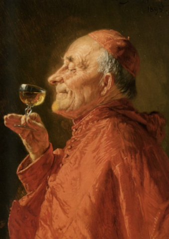 Degustando una buena cerveza cheve chela en la edad media medioevo medieval monasterio obispo alochólico alcohol fría copa cerveza en vaso